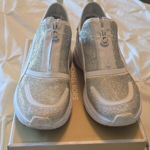 Michael Kors Silver and White Slip-On Sneakers. Sami Zip TRAINER. CREAM